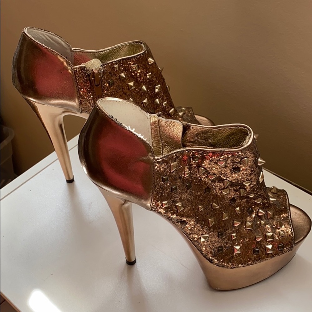 Betsy Johnson Studdlee gold studded stilettos